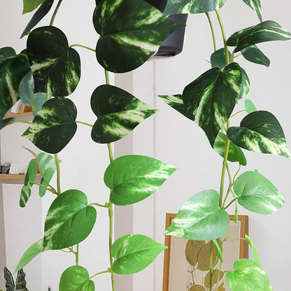 alyptus UV Resistant Fake Pothos Hanging Plants - Realistic Faux Pothos Vines for Indoor & Outdoor Décor, Lush Greenery for Shelves, Counters, Entry Tables - Golden Green