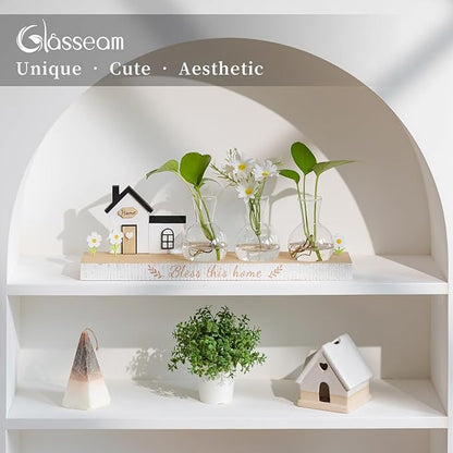 Glasseam Propagation Stations Plant Terrarium: Unique Hydroponic Planter Housewarming Gifts New Home for Women Men - Glass Propagation Jars with Wooden Stand Bulb Vase for Home Decor Plant Lover
