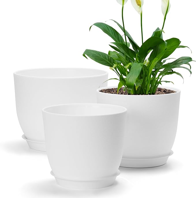 Plastic Plant Pots 9/8/7.5 inch Set of 3, Indoor Planters with Drainage Holes and Tray, Thickened Plastic Flowers Pots for Indoor Outdoor Garden Plants and Flowers, White