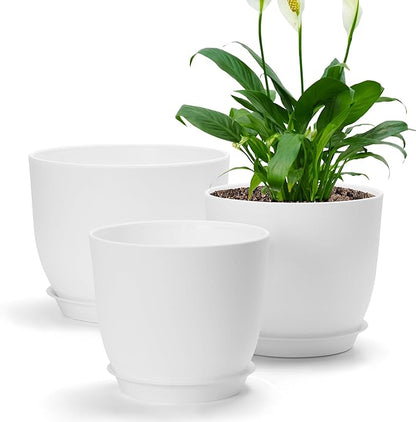 Plastic Plant Pots 9/8/7.5 inch Set of 3, Indoor Planters with Drainage Holes and Tray, Thickened Plastic Flowers Pots for Indoor Outdoor Garden Plants and Flowers, White