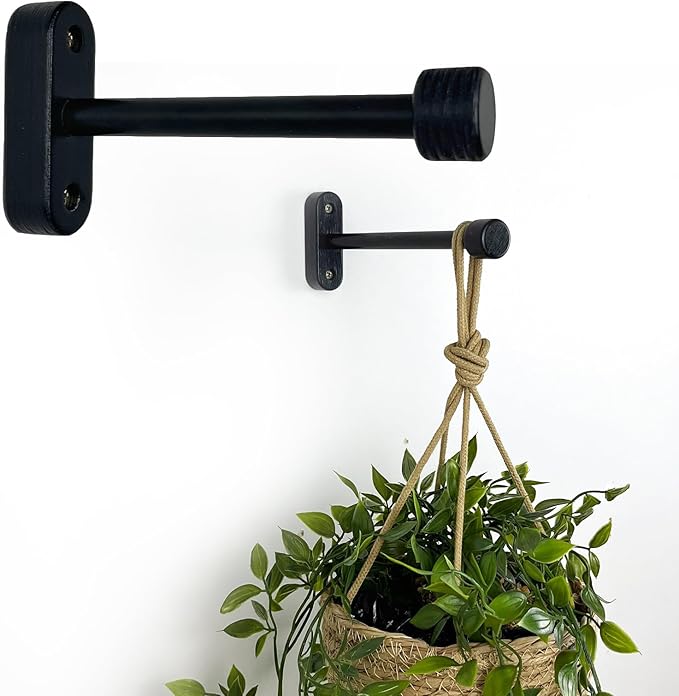 EvenWood 2-Piece Set of Wooden Plant Hooks for Wall with Sturdy Metal Tube - Plant Wall Hanger for Pots, Flower Brackets - Bracket Plant Hanger for Indoor and Outdoor Decorations (Black, 10 Inch)