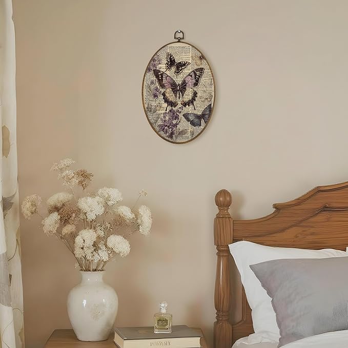 LKETW Vintage Purple Butterfly Oval Wall Art Decor, Cottagecore Dictionary Butterfly Floral Oval Canvas Hanging Decor, Retro Moth Insect Wall Decorations for Home Bedroom Living Room, 8.6x11.4 Inch