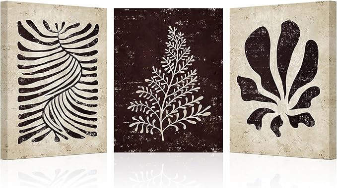 AoArtWZ 3 Pieces Botanical Plant Canvas Wall Art Boho Leaves Beige and Black Painting Minimalist Artwork for Kitchen Spa Yoga Room Decor Framed 12" x 16" x 3pcs