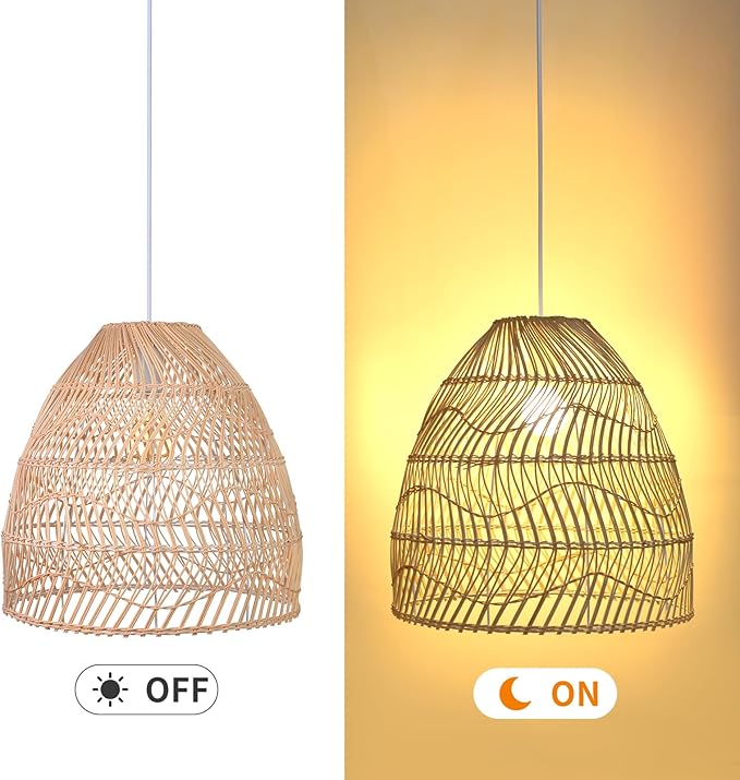 Arturesthome Rattan Pendant Light Fixture, Wicker Chandelier Boho Basket Ceiling Lighting, Large Natural Woven Hanging Lamp for Kitchen Island Sink