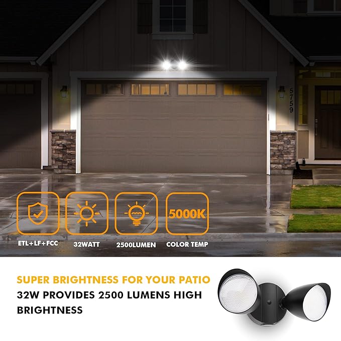UME 2-Packs 2500 Lumen 32 Watt 28 LED Dual-Head Floodlight Outdoor, Full Metal Design, Waterproof Exterior Security Wall Light 5000K for Patio, Garden, Yard-Black