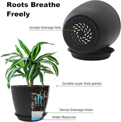 8/7/6 inch Plant Pots, 3 Pack Flower Pots for Outdoor Indoor Garden Plants, Large Planters with Multi Mesh Drainage Holes and Saucer (Black, 8"+7"+6")