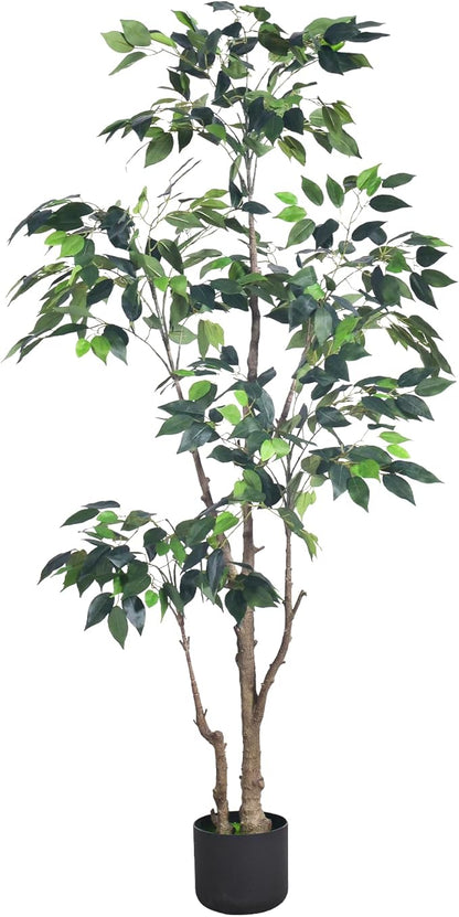 5Ft Artificial Ficus Tree with Realistic Leaves, Livelike Faux Silk Indoor Outdoor Plant for Home Office Decor Living Room, Porch, Garden Decor