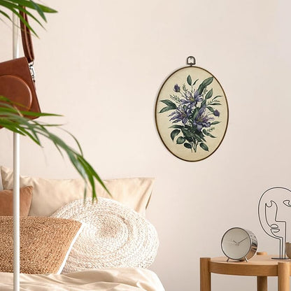 MAQIKA Retro Purple Floral Plant Oval Framed Wall Art Decor, Vintage Botanical Print, Wildflower Oval Wall Hanging Decor, Purple Flower Canvas Prints Wall Art for Bedroom Dorm Room, 8.7x11.3 Inch