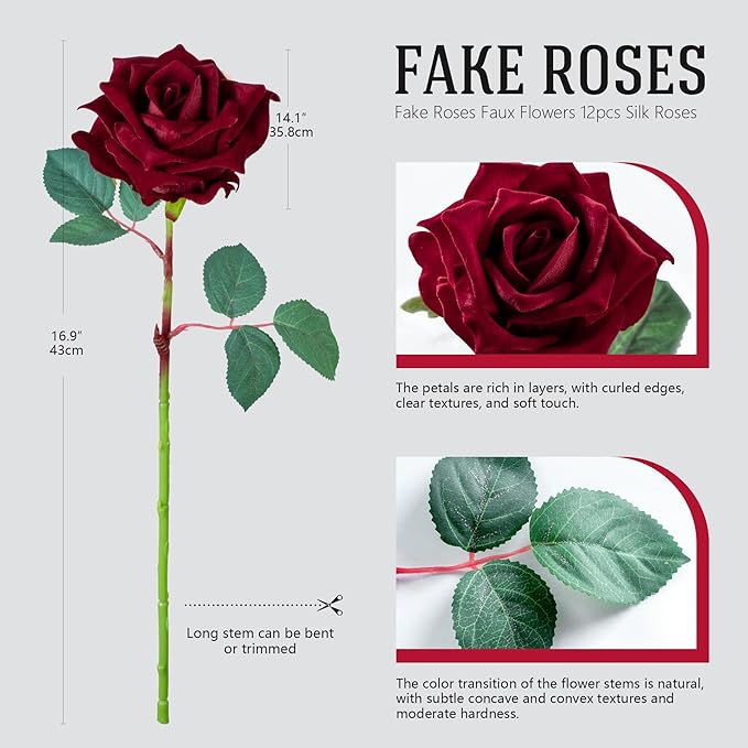 Fake Roses Faux Flowers Silk Roses Artificial Roses with Stems Realistic Artificial Flowers Suitable for Indoor Home Decoration DIY Bouquet Wedding Decor Party Decor 16.5In (12PCS, Red)