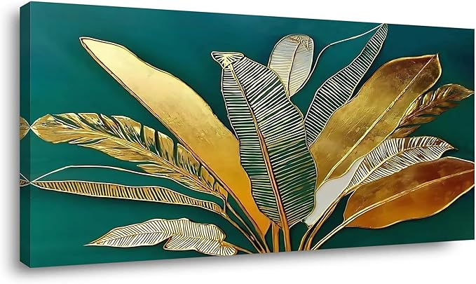 IDAFU Green Leaf Wall Art, Green and Gold Leaves Wall Painting, Emerald Green Tropical Botanical Décor Canvas Prints, Abstract Sage Boho Painting for Office Home Décor, Ready to Hang 32L x 16W