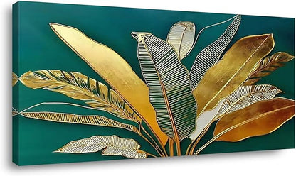 Green Leaf Wall Art, Green and Gold Leaves Wall Painting, Emerald Green Tropical Botanical Décor Canvas Prints, Abstract Sage Boho Painting for Office Home Décor, Ready to Hang 46L" x 23W"