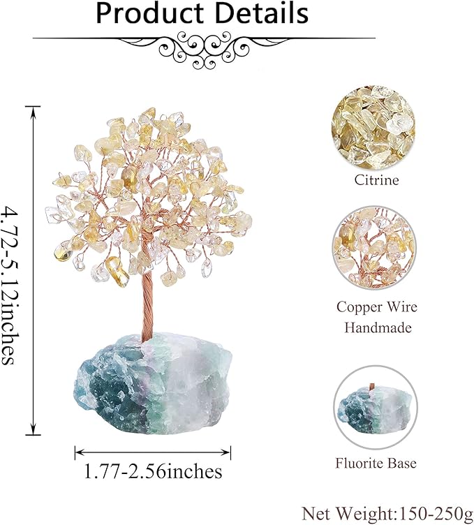Jovivi Natural Citrine Crystal Tree, Raw Healing Crystals Fluorite Base Bonsai Money Tree for Home Office Table Decor Wealth and Luck