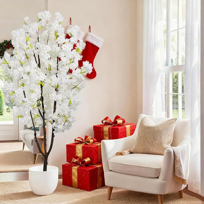 Faux White Cherry Blossoms Tree 6FT Flowering Tree Artificial Cherry Blossom Tree for Bedroom Home Christmas New Year Decor