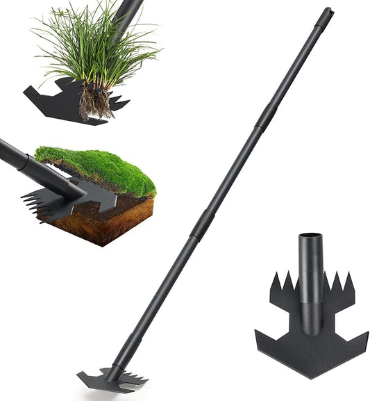 Garden Hoe,2 in 1 Heavy Duty Scuffle Weeding Hoe Garden Tool with Shaped Edge, 45 inch Long Handle, Hand Weeding Rake Action Hoe for Weeding Gardening Grass Weed Moss Removal