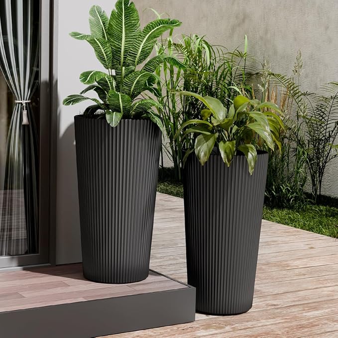 Tall Outdoor Planter Set of 2-23.6" Large Striped Plastic Flower Pots, Decorative Indoor/Outdoor Planters for Porch, Patio, Balcony & Garden, Black