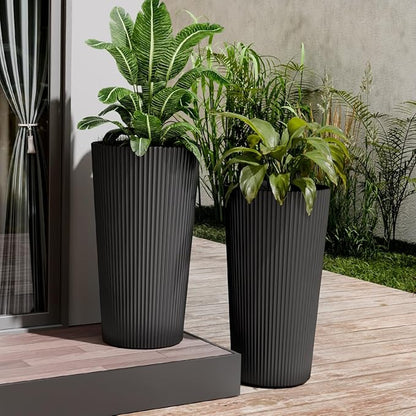 Tall Outdoor Planter Set of 2-23.6" Large Striped Plastic Flower Pots, Decorative Indoor/Outdoor Planters for Porch, Patio, Balcony & Garden, Black
