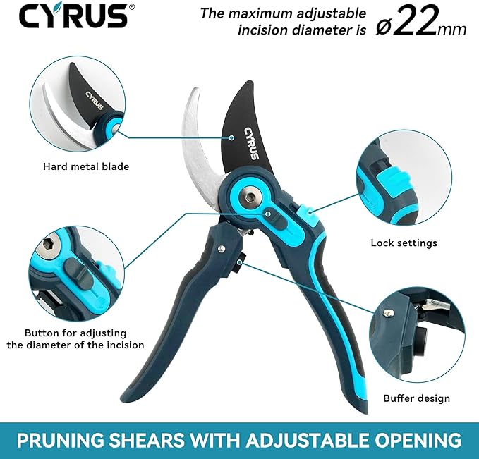 CYRUS Adjustable labor-saving Pruning Shears, Garden Shears with Non-Stick Carbon Steel Blade, 0.866 Inch Cutting Diameter, Safety Lock & Anti-Slip TPR Handle for Gardening, Flower Trimming