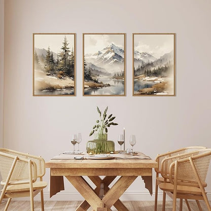 Ausril Watercolor Misty Mountain Framed Canvas Wall Art Set, Foggy Pine Tree Wall Decor, Winter Landscape Wall Painting, Nature Snowy Scene Art Print for Living Room, Bedroom, Office - 24"X36"X3