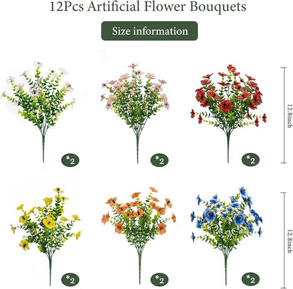 Artificial Flowers for Outdoors, 12 Bundles Faux Outdoor Plants, Faux Fake Plants for Porch Patio Yard Planters, Outdoor Faux Flowers, White+Pink+Yellow+Orange+Blue+Red