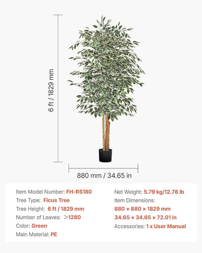 VEVOR 6FT Artificial Ficus Tree with Black Pot, Tall Faux Ficus Plant with Natural Wood Trunk and Realistic Green Leaves, Indoor Fake Silk Tree for Home, Office, Living Room, or Corner Décor