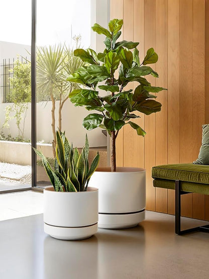 LE TAUCI 12 Inch Pot for Plants with Saucer, Ceramic Indoor Planter Pot with Drainage Hole, Mesh Pad & Plug Included, Matte Glazed Outside, Modern for Home and Office, Alpine White & Ochre