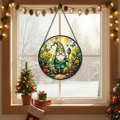 Stained Glass Window Hanging, Gnome in Garden Sun Catcher for Indoor Window Decoration with Flowers & Butterflies, Stained Glass Home Decor Gift for Women and Men G01 (6.3'')