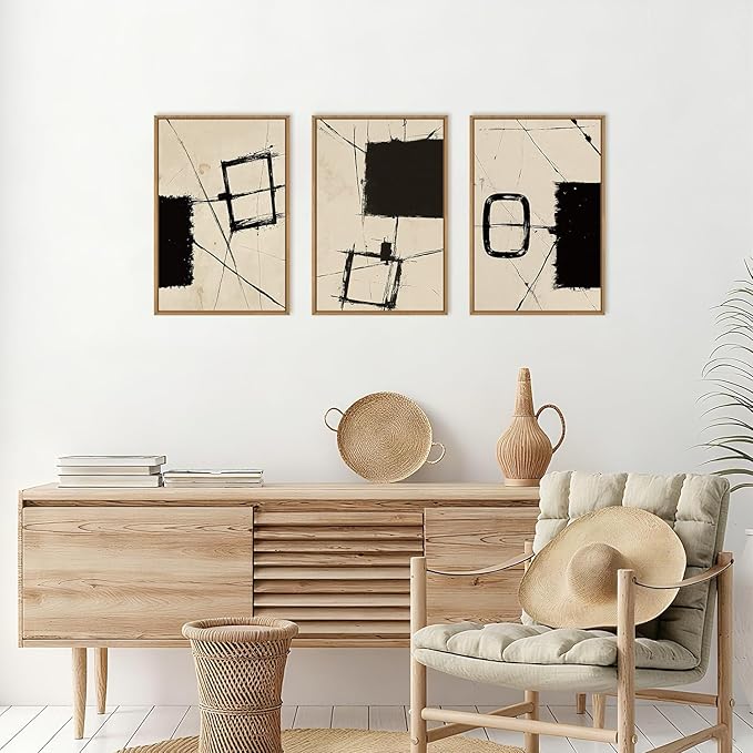 HOURIA Nordic Abstract Black & Beige Brush Stroke Framed Canvas Wall Art Set,Minimalist Geometric Grunge Line Shapes Ink Sketch Decor,Neutral Modern Drawing Artwork for Living Room,Farmhouse-16"x24"x3