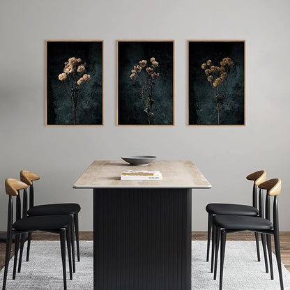LHIUEM Dark Moody Wildflowers Framed Canvas Wall Art Set,Minimalist Wildflower Wall Decor,Vintage Black Flower Botanical Painting, Aesthetic Floral Artwork for Living Room,Bedroom,Office-24''x36''x3