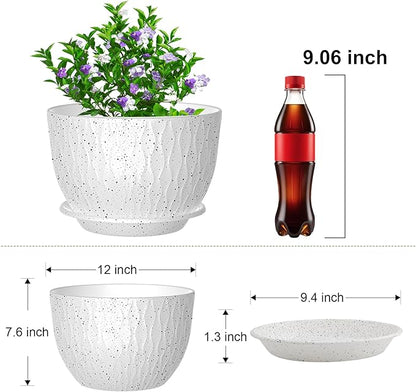 12 inch Large Plant Pots, Flower Pots with Multi-Mesh Drainage Holes and Saucer, Plastic Planters for Indoor and Outdoor Garden Plants (Speckled White, 12")