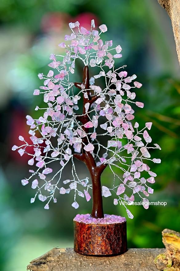 Rose Quartz Silver Wire Artificial Bonsai Tree – Crystal Healing Gem Tree for Love, Peace & Decor