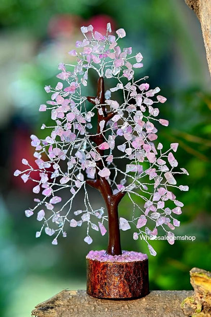 Rose Quartz Silver Wire Artificial Bonsai Tree – Crystal Healing Gem Tree for Love, Peace & Decor