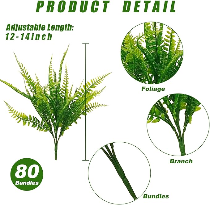 80 Pcs Artificial Fake Boston Fern Plants Bushes Faux Plants Shrubs Greenery UV Resistant for House Office Garden Indoor Outdoor Décor