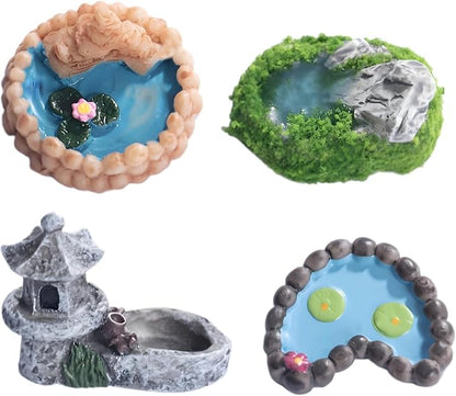 4 Pcs Miniature Pond Landscape Terrarium Decor – Vintage Micro Fairy Garden, Chinese Style Ornaments with Realistic Design for Dollhouse, Tabletop DIY Scene, Fish Tank, and Tiny Garden Figurines