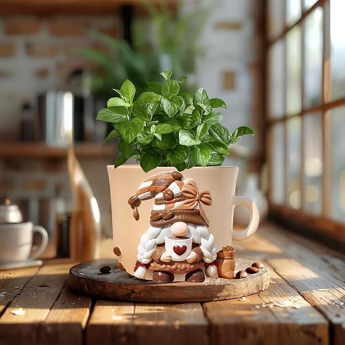 GUGUGO Coffee Cup Gnome Plant Pots, Cute Unique Flower Pots for Indoor Plants, Funky Small Planters with Drainage Holes, Eclectic Home Decor Aesthetic, Funny Gardening Planter for Couple Gift, Female