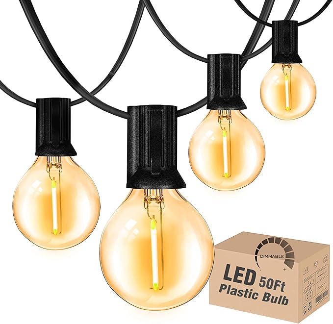 DAMAING Outdoor String Lights LED 50Feet G40 Globe Patio Lights with 27 Edison Plastic LED Bulbs,2700K Warm Glow Weatherproof for Indoor Outdoor Backyard Bistro Lighting