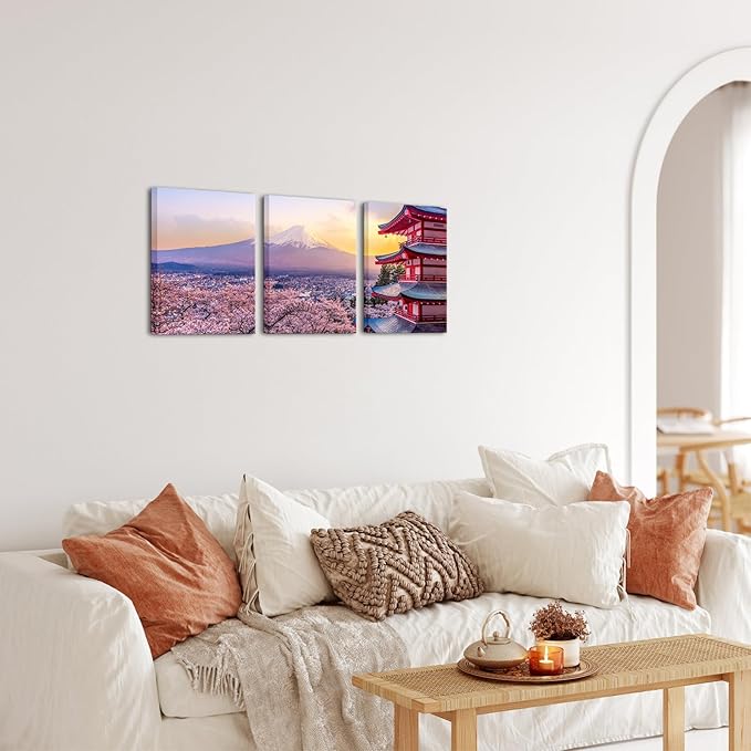 AoArtWZ Mount Fuji Canvas Wall Art Kyoto Cherry Blossom Japanese Landscape Pictures Print Artwork for Home Office Living Room Decor Framed 12" x 16" x 3Pcs