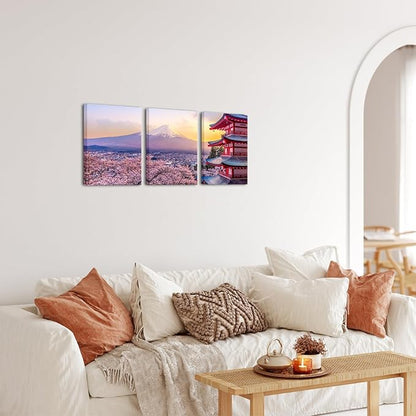 AoArtWZ Mount Fuji Canvas Wall Art Kyoto Cherry Blossom Japanese Landscape Pictures Print Artwork for Home Office Living Room Decor Framed 12" x 16" x 3Pcs