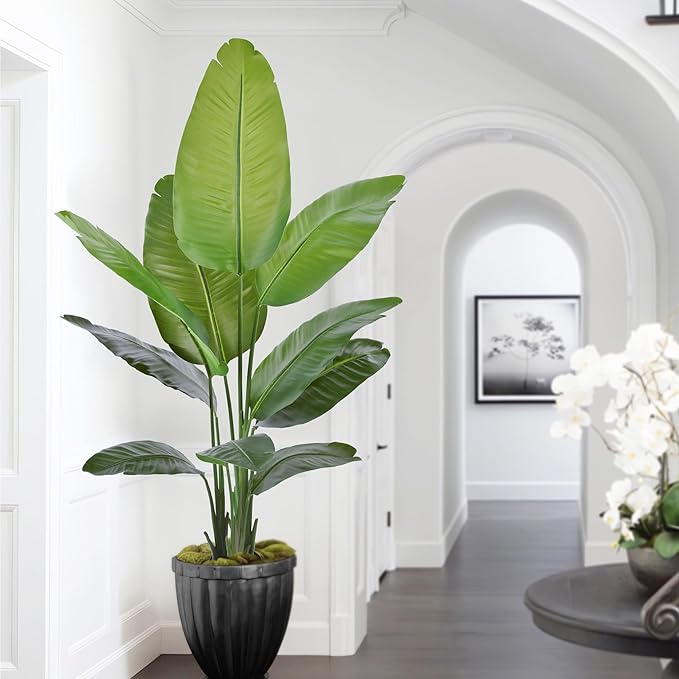 Artificial Bird of Paradise Plant 5Ft, Floor Silk Banana Leaf Plant with 10 Leaves, Faux Palm Tree with Plastic Pot for Indoor House Home Office Garden Modern Decoration