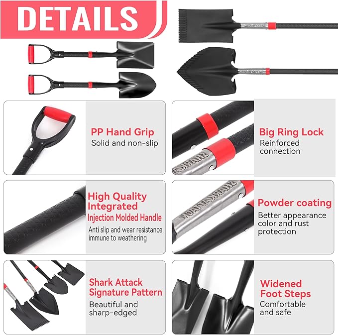 SHARK ATTACK 5-Piece Steel Shovel Set with D-Grip Handles Digging Shovel- Multi-Size Garden Shovels with Powder Coating for Digging, Planting & Car Emergency