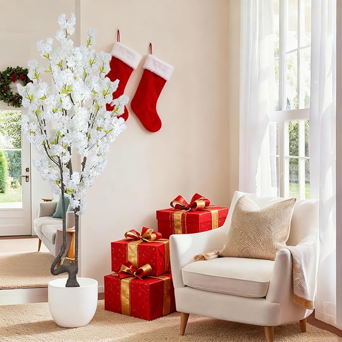 7.2 ft White Artificial Cherry Blossom Tree, Nearly Nature Faux Silk Flower Tree Indoor, Fake Realistic White Flowering Tree for Christmas New Year Home Decor