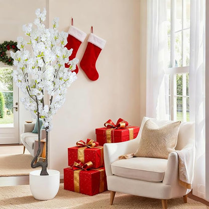 7.2 ft White Artificial Cherry Blossom Tree, Nearly Nature Faux Silk Flower Tree Indoor, Fake Realistic White Flowering Tree for Christmas New Year Home Decor