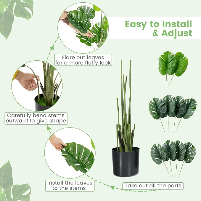 GOFLAME Artificial Monstera Deliciosa Plant, 4ft Potted Faux Tree with 10 Verdant Fake Leaves, Swiss Cheese Plant for Home Decor Indoor, Outdoor, Home, Office, 2 Pack