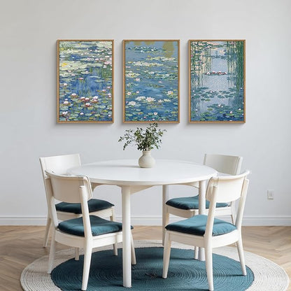 Large Nature Lilies Ponds Framed Canvas Wall Art,Impressionist Flower Wall Decor,Claude Monet Style Wall Painting,Garden Botanical Artwork for Living Room,Bedroom,Dining Room,Office -16"x24"x3