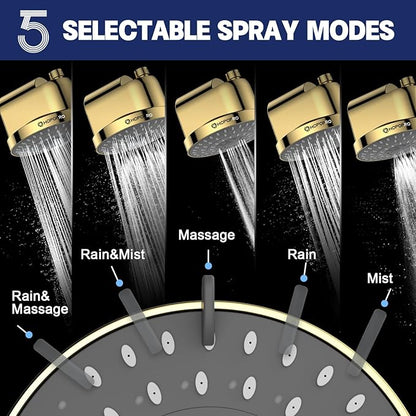 High Flow Filtered Shower Head, HOPOPRO 5 Modes High Pressure Fixed Showerhead with Filter, 2-In-1 Shower Head Filter for Hard Water, Remove 99% Chlorine, Improves Skin Hair Condition (6 Inch Gold)