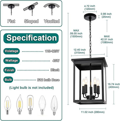 5 Lights Outdoor Pendant Light, Black Outside Chandelier, Exterior Hanging Fixture, Ceiling Mount with Clear Glass Shade Hanging Lantern Light Adjustable Pendant Light for Outdoor Hallway