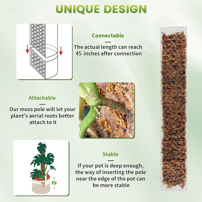 EOX 2 Pcs 24 Inch Plastic Moss Pole for Monstera, Large D Shaped Poles for Climbing Plants Work with Sphagnum Moss, 45 Inch Plant Stake Set of 2, Garden Ties