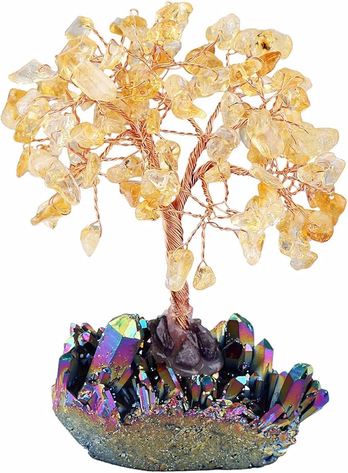 mookaitedecor Citrine Crystal Tree, Quartz Cluster Rainbow Titanium Crystals Base Bonsai Money Tree for Wealth and Luck