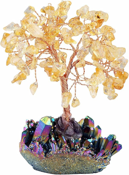 mookaitedecor Citrine Crystal Tree, Quartz Cluster Rainbow Titanium Crystals Base Bonsai Money Tree for Wealth and Luck