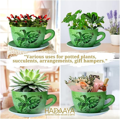 7.5" Ceramic Teacup Planter Pot with Saucer | Ideal for Succulents, Orchids, Herbs & Flowers | Indoor & Outdoor Use Green - Palm Leaves