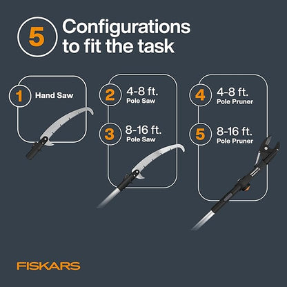 Fiskars XtendControl Extendable Tree Pruner (12 ft), Pole Saw, Adjustable Branch Trimmer with 15" X1 Saw, 3-6 ft Extension Poles, and Secure Locking System for Precision Cutting